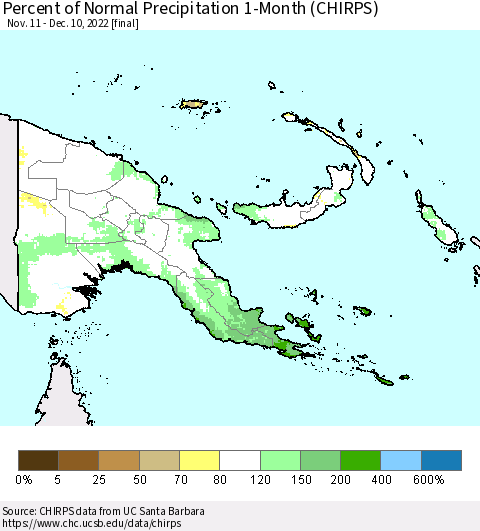 Papua New Guinea Percent of Normal Precipitation 1-Month (CHIRPS) Thematic Map For 11/11/2022 - 12/10/2022