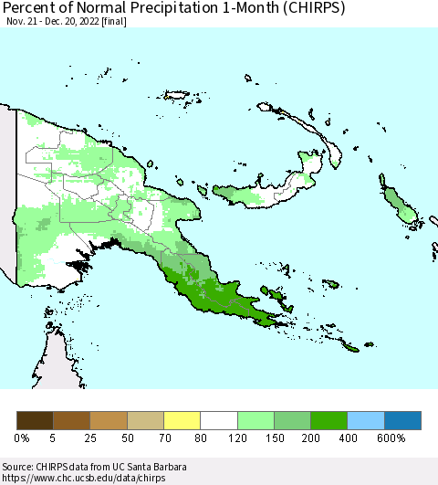 Papua New Guinea Percent of Normal Precipitation 1-Month (CHIRPS) Thematic Map For 11/21/2022 - 12/20/2022