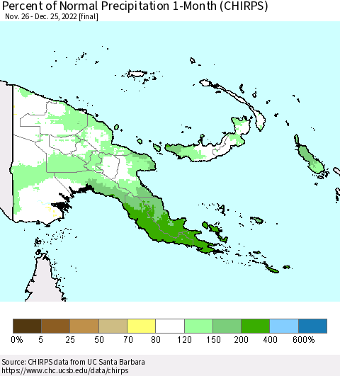 Papua New Guinea Percent of Normal Precipitation 1-Month (CHIRPS) Thematic Map For 11/26/2022 - 12/25/2022