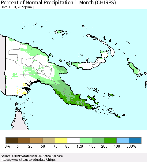 Papua New Guinea Percent of Normal Precipitation 1-Month (CHIRPS) Thematic Map For 12/1/2022 - 12/31/2022