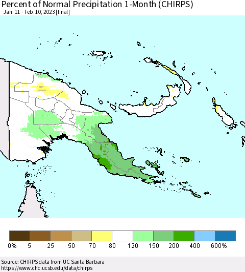 Papua New Guinea Percent of Normal Precipitation 1-Month (CHIRPS) Thematic Map For 1/11/2023 - 2/10/2023