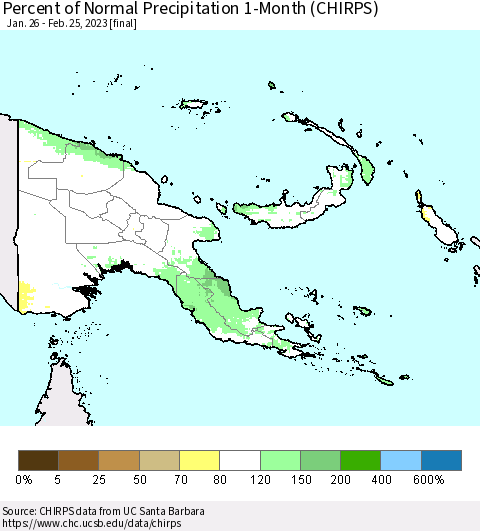Papua New Guinea Percent of Normal Precipitation 1-Month (CHIRPS) Thematic Map For 1/26/2023 - 2/25/2023