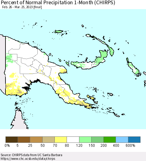 Papua New Guinea Percent of Normal Precipitation 1-Month (CHIRPS) Thematic Map For 2/26/2023 - 3/25/2023
