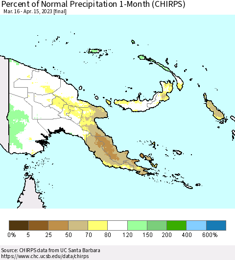 Papua New Guinea Percent of Normal Precipitation 1-Month (CHIRPS) Thematic Map For 3/16/2023 - 4/15/2023