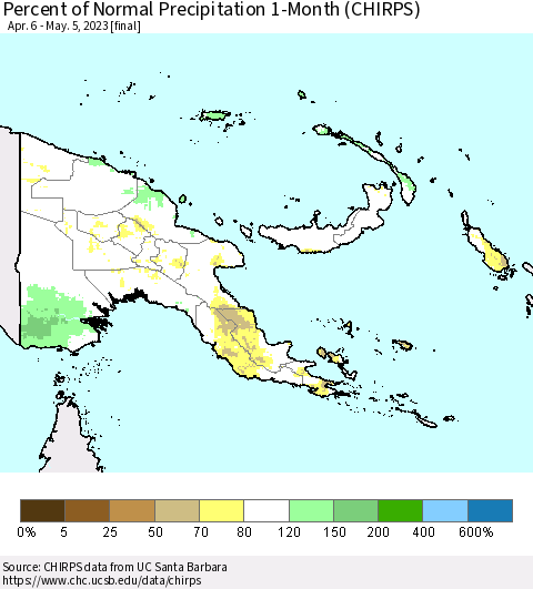 Papua New Guinea Percent of Normal Precipitation 1-Month (CHIRPS) Thematic Map For 4/6/2023 - 5/5/2023