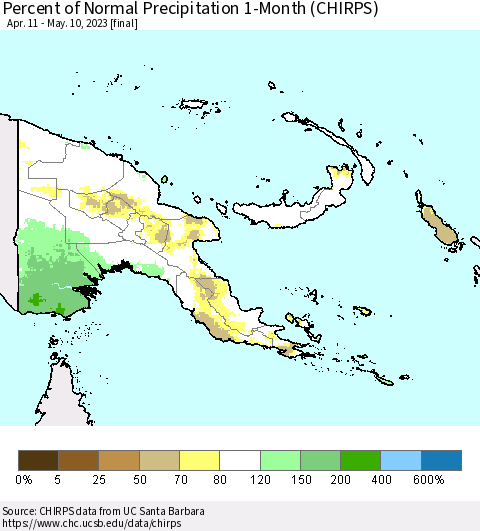 Papua New Guinea Percent of Normal Precipitation 1-Month (CHIRPS) Thematic Map For 4/11/2023 - 5/10/2023