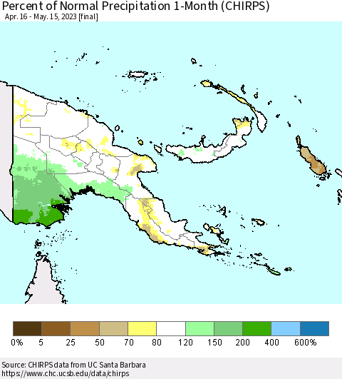 Papua New Guinea Percent of Normal Precipitation 1-Month (CHIRPS) Thematic Map For 4/16/2023 - 5/15/2023