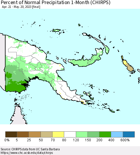 Papua New Guinea Percent of Normal Precipitation 1-Month (CHIRPS) Thematic Map For 4/21/2023 - 5/20/2023