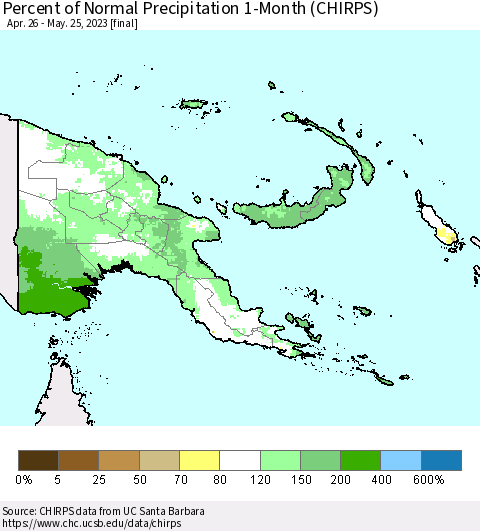 Papua New Guinea Percent of Normal Precipitation 1-Month (CHIRPS) Thematic Map For 4/26/2023 - 5/25/2023