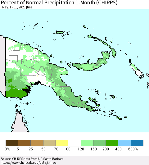 Papua New Guinea Percent of Normal Precipitation 1-Month (CHIRPS) Thematic Map For 5/1/2023 - 5/31/2023