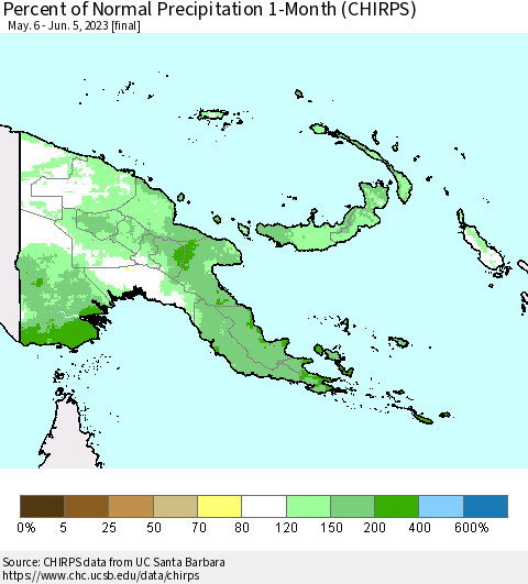 Papua New Guinea Percent of Normal Precipitation 1-Month (CHIRPS) Thematic Map For 5/6/2023 - 6/5/2023