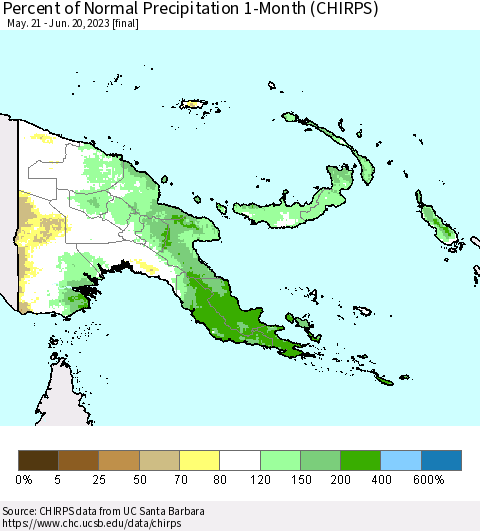 Papua New Guinea Percent of Normal Precipitation 1-Month (CHIRPS) Thematic Map For 5/21/2023 - 6/20/2023