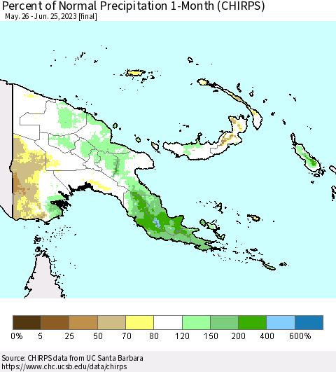 Papua New Guinea Percent of Normal Precipitation 1-Month (CHIRPS) Thematic Map For 5/26/2023 - 6/25/2023