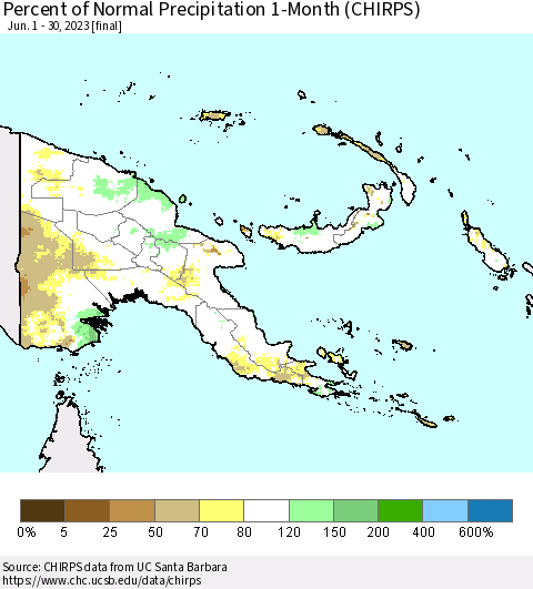 Papua New Guinea Percent of Normal Precipitation 1-Month (CHIRPS) Thematic Map For 6/1/2023 - 6/30/2023