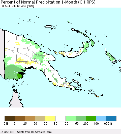 Papua New Guinea Percent of Normal Precipitation 1-Month (CHIRPS) Thematic Map For 6/11/2023 - 7/10/2023