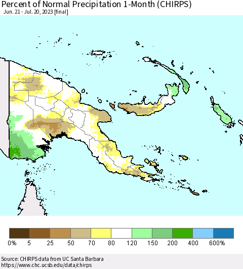 Papua New Guinea Percent of Normal Precipitation 1-Month (CHIRPS) Thematic Map For 6/21/2023 - 7/20/2023