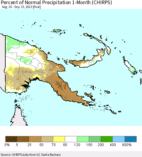 Papua New Guinea Percent of Normal Precipitation 1-Month (CHIRPS) Thematic Map For 8/16/2023 - 9/15/2023