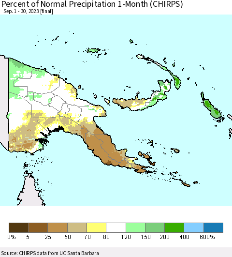 Papua New Guinea Percent of Normal Precipitation 1-Month (CHIRPS) Thematic Map For 9/1/2023 - 9/30/2023
