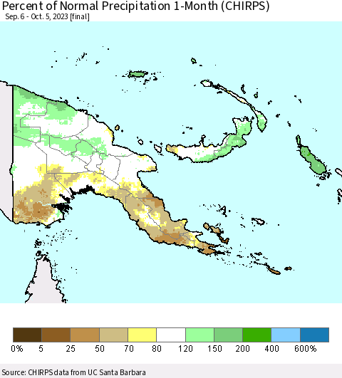 Papua New Guinea Percent of Normal Precipitation 1-Month (CHIRPS) Thematic Map For 9/6/2023 - 10/5/2023