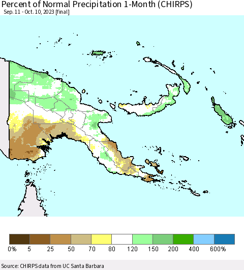 Papua New Guinea Percent of Normal Precipitation 1-Month (CHIRPS) Thematic Map For 9/11/2023 - 10/10/2023