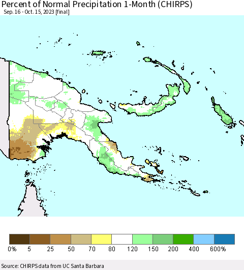 Papua New Guinea Percent of Normal Precipitation 1-Month (CHIRPS) Thematic Map For 9/16/2023 - 10/15/2023