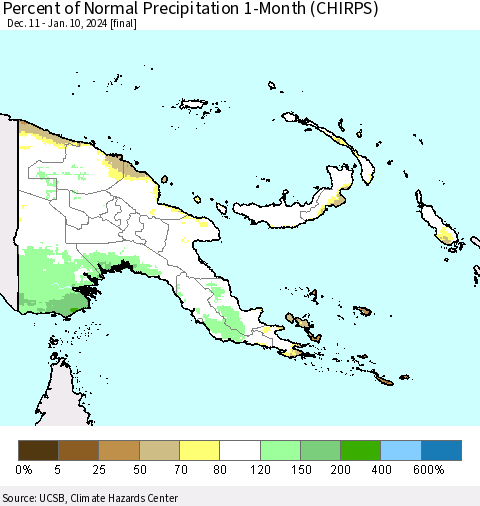 Papua New Guinea Percent of Normal Precipitation 1-Month (CHIRPS) Thematic Map For 12/11/2023 - 1/10/2024