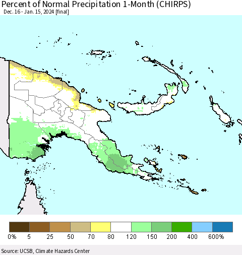 Papua New Guinea Percent of Normal Precipitation 1-Month (CHIRPS) Thematic Map For 12/16/2023 - 1/15/2024