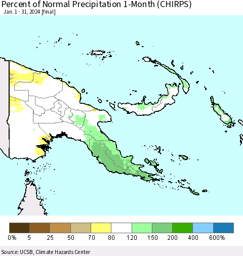 Papua New Guinea Percent of Normal Precipitation 1-Month (CHIRPS) Thematic Map For 1/1/2024 - 1/31/2024