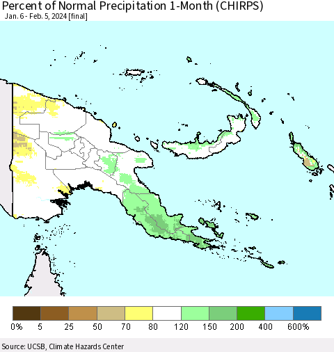 Papua New Guinea Percent of Normal Precipitation 1-Month (CHIRPS) Thematic Map For 1/6/2024 - 2/5/2024
