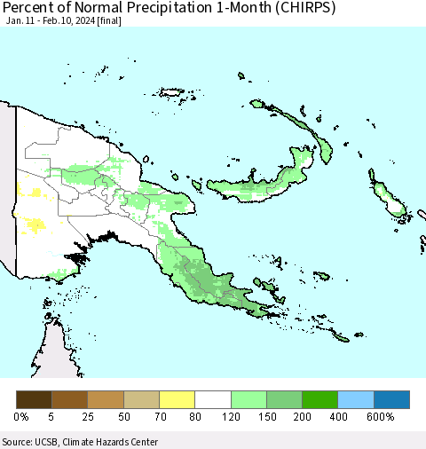 Papua New Guinea Percent of Normal Precipitation 1-Month (CHIRPS) Thematic Map For 1/11/2024 - 2/10/2024