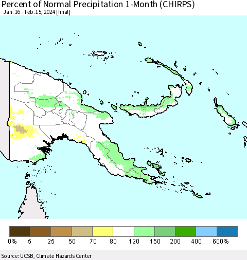 Papua New Guinea Percent of Normal Precipitation 1-Month (CHIRPS) Thematic Map For 1/16/2024 - 2/15/2024