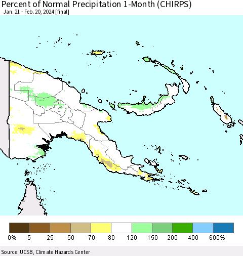 Papua New Guinea Percent of Normal Precipitation 1-Month (CHIRPS) Thematic Map For 1/21/2024 - 2/20/2024