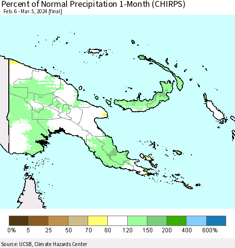 Papua New Guinea Percent of Normal Precipitation 1-Month (CHIRPS) Thematic Map For 2/6/2024 - 3/5/2024