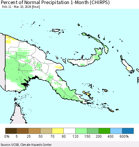 Papua New Guinea Percent of Normal Precipitation 1-Month (CHIRPS) Thematic Map For 2/11/2024 - 3/10/2024