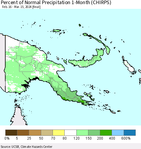 Papua New Guinea Percent of Normal Precipitation 1-Month (CHIRPS) Thematic Map For 2/16/2024 - 3/15/2024