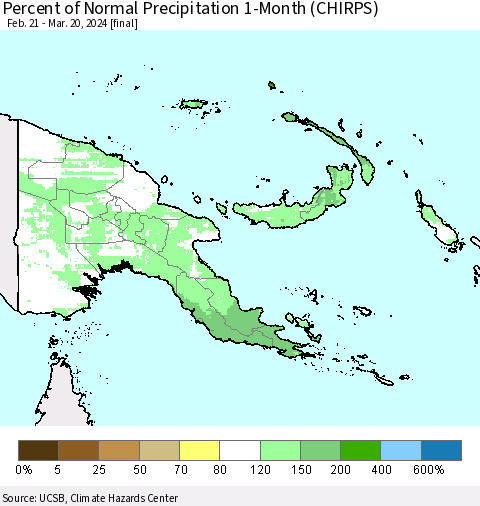 Papua New Guinea Percent of Normal Precipitation 1-Month (CHIRPS) Thematic Map For 2/21/2024 - 3/20/2024