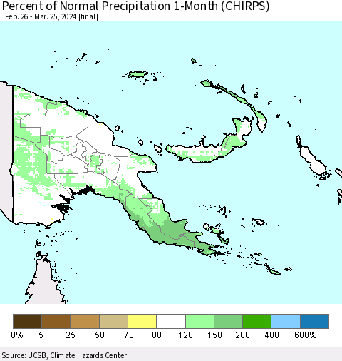 Papua New Guinea Percent of Normal Precipitation 1-Month (CHIRPS) Thematic Map For 2/26/2024 - 3/25/2024