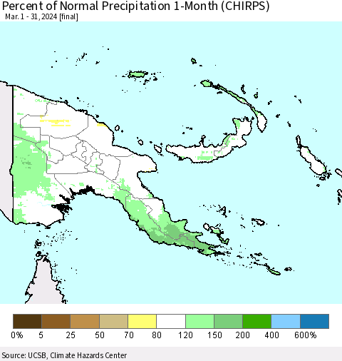 Papua New Guinea Percent of Normal Precipitation 1-Month (CHIRPS) Thematic Map For 3/1/2024 - 3/31/2024