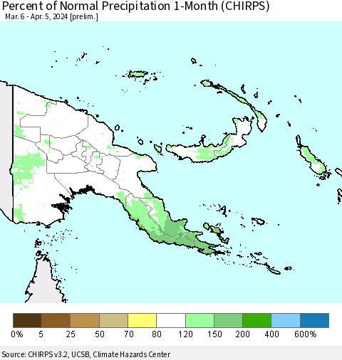 Papua New Guinea Percent of Normal Precipitation 1-Month (CHIRPS) Thematic Map For 3/6/2024 - 4/5/2024