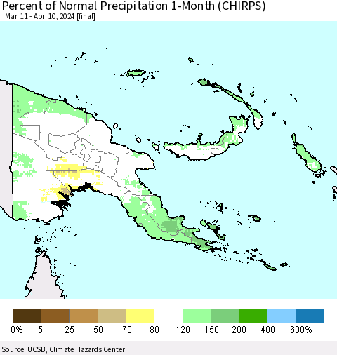 Papua New Guinea Percent of Normal Precipitation 1-Month (CHIRPS) Thematic Map For 3/11/2024 - 4/10/2024