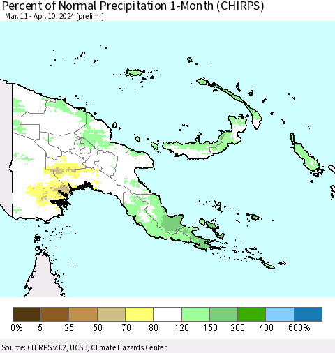 Papua New Guinea Percent of Normal Precipitation 1-Month (CHIRPS) Thematic Map For 3/11/2024 - 4/10/2024