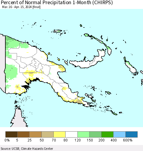 Papua New Guinea Percent of Normal Precipitation 1-Month (CHIRPS) Thematic Map For 3/16/2024 - 4/15/2024