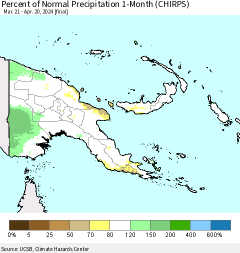Papua New Guinea Percent of Normal Precipitation 1-Month (CHIRPS) Thematic Map For 3/21/2024 - 4/20/2024
