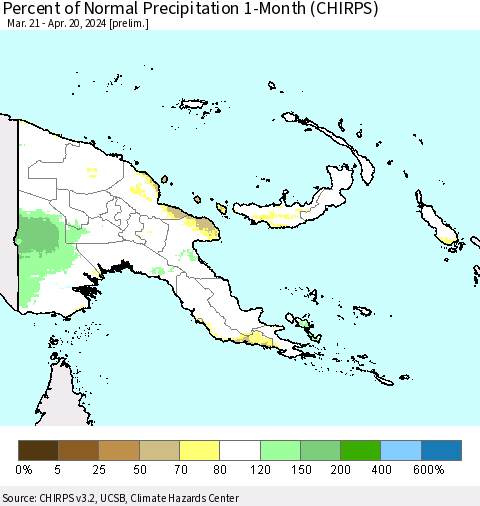 Papua New Guinea Percent of Normal Precipitation 1-Month (CHIRPS) Thematic Map For 3/21/2024 - 4/20/2024