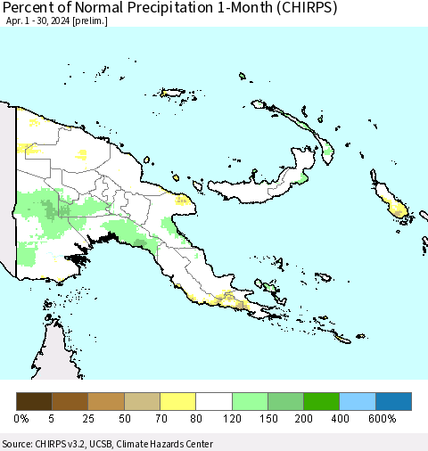Papua New Guinea Percent of Normal Precipitation 1-Month (CHIRPS) Thematic Map For 4/1/2024 - 4/30/2024
