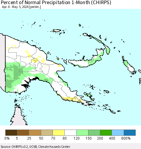 Papua New Guinea Percent of Normal Precipitation 1-Month (CHIRPS) Thematic Map For 4/6/2024 - 5/5/2024