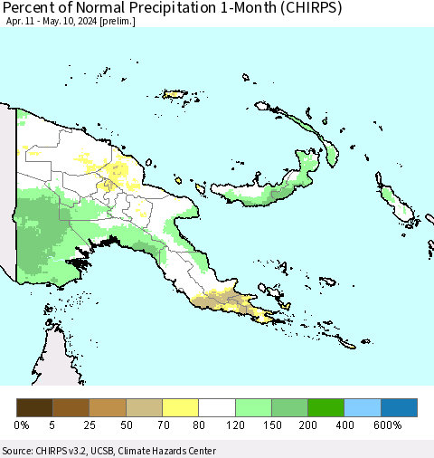 Papua New Guinea Percent of Normal Precipitation 1-Month (CHIRPS) Thematic Map For 4/11/2024 - 5/10/2024
