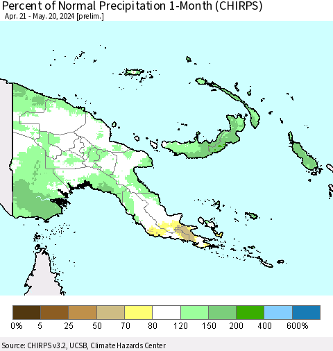 Papua New Guinea Percent of Normal Precipitation 1-Month (CHIRPS) Thematic Map For 4/21/2024 - 5/20/2024