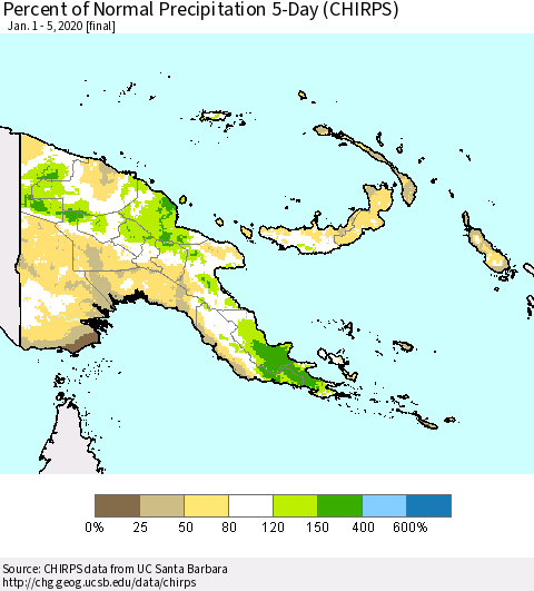 Papua New Guinea Percent of Normal Precipitation 5-Day (CHIRPS) Thematic Map For 1/1/2020 - 1/5/2020