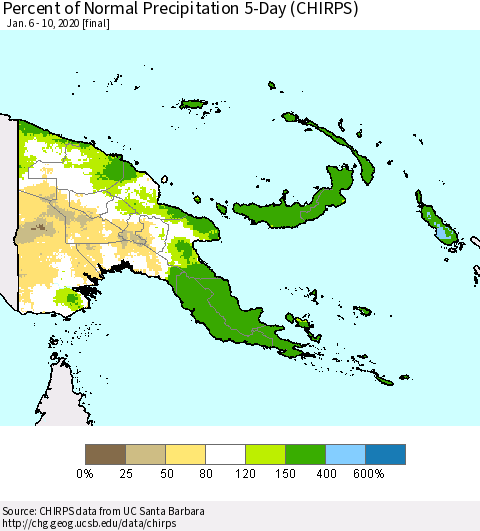 Papua New Guinea Percent of Normal Precipitation 5-Day (CHIRPS) Thematic Map For 1/6/2020 - 1/10/2020